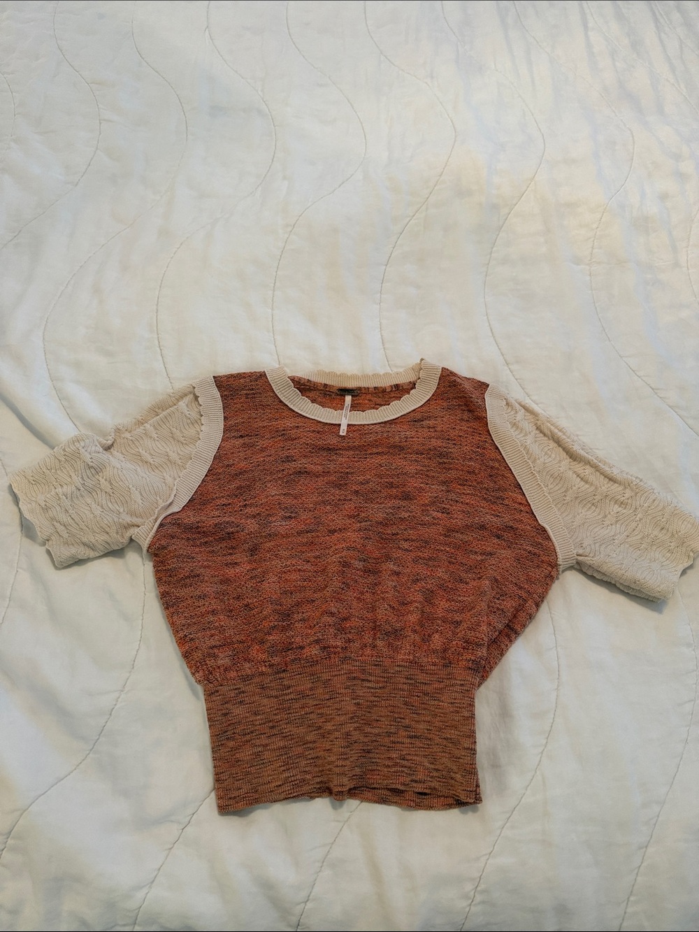 Free People Short-Sleeve Crewneck Sweater in Rust and Cream
